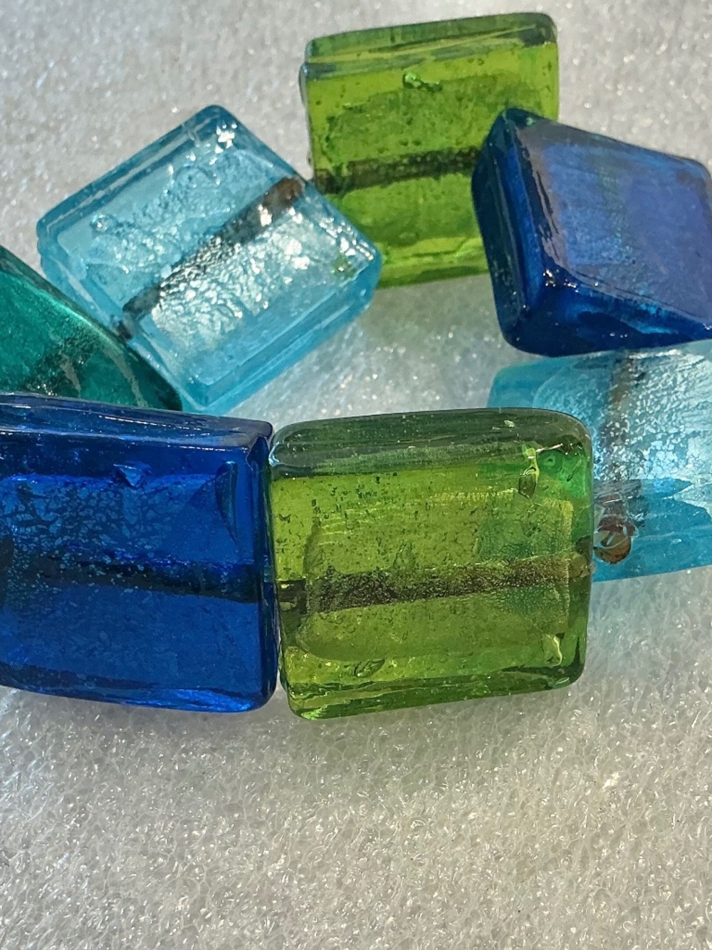 Square Glass Elastic Bracelet Blues and Greens